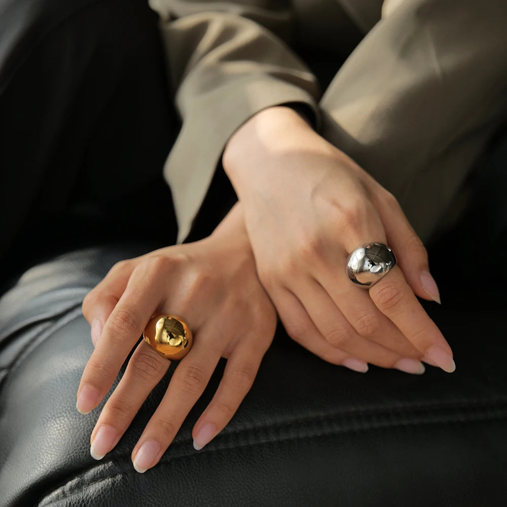 Minimalist Stainless Steel Smooth Asymmetric Ring Oval Hollow Stackable Ring Large Spherical Ring Women'S Jewelry