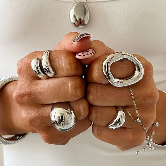 Minimalist Stainless Steel Smooth Asymmetric Ring Oval Hollow Stackable Ring Large Spherical Ring Women'S Jewelry