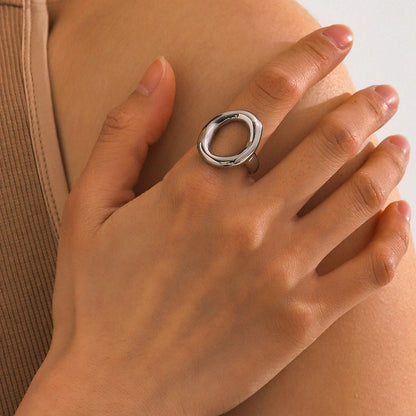 Minimalist Stainless Steel Smooth Asymmetric Ring Oval Hollow Stackable Ring Large Spherical Ring Women'S Jewelry