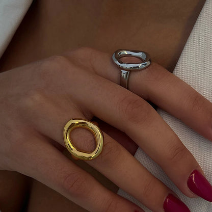Minimalist Stainless Steel Smooth Asymmetric Ring Oval Hollow Stackable Ring Large Spherical Ring Women'S Jewelry